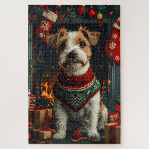 Jack Russell-hond met kerstcadeaus open haard Legpuzzel