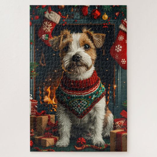 Jack Russell hond met kerstcadeaus open haard Legpuzzel (Verticaal)