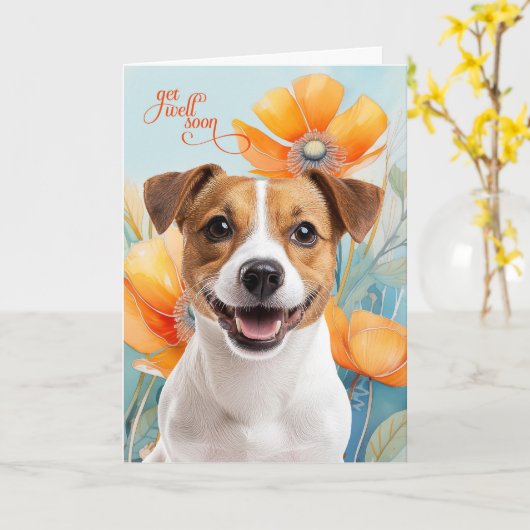 Jack Russell-hond Oranje Klaprozen Beterschap Kaart (Gele Bloem)