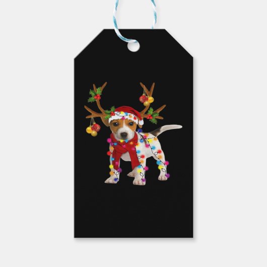 Jack Russell Hond Prachtig Rendier Kerstlicht Cadeaulabel (Voorkant)
