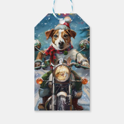 Jack Russell Hond Rijden Motorfiets Kerstmis Cadeaulabel (Voorkant)