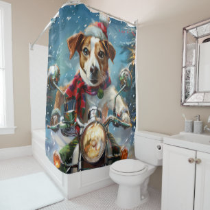 Jack Russell Hond Rijden Motorfiets Kerstmis Douchegordijn