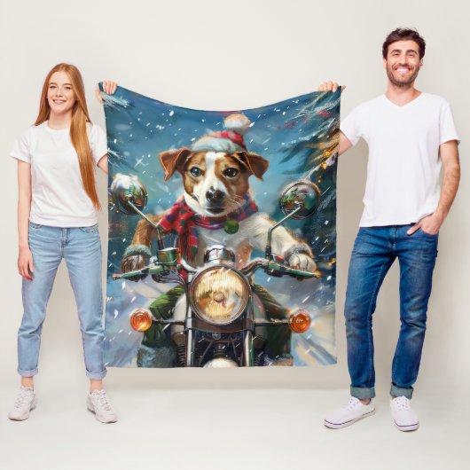 Jack Russell Hond Rijden Motorfiets Kerstmis Fleece Deken (In situ)