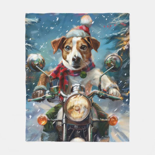 Jack Russell Hond Rijden Motorfiets Kerstmis Fleece Deken (Voorkant)