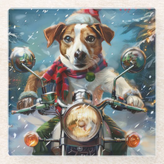 Jack Russell Hond Rijden Motorfiets Kerstmis Glazen Onderzetter (Voorkant)