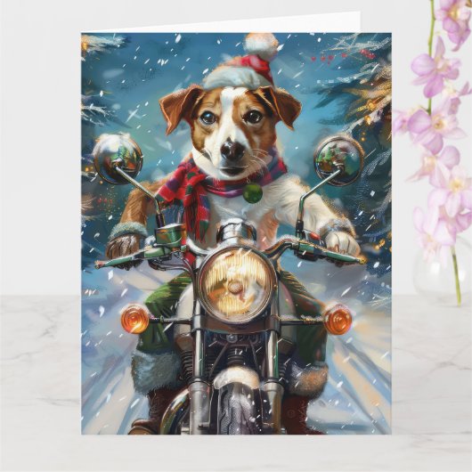 Jack Russell Hond Rijden Motorfiets Kerstmis Kaart (Orchidee)