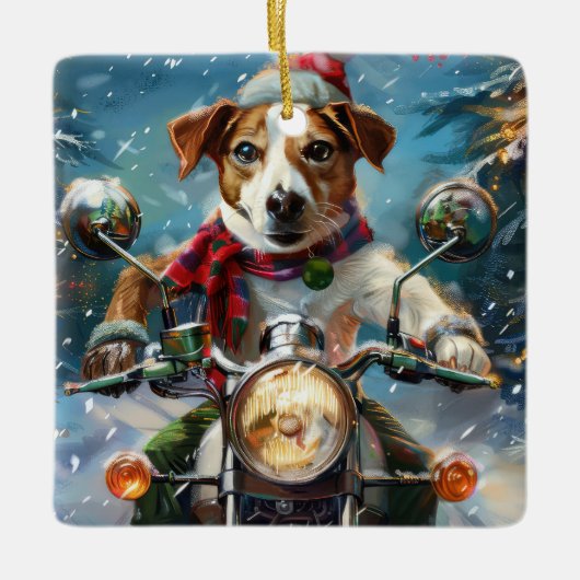 Jack Russell Hond Rijden Motorfiets Kerstmis Keramisch Ornament (Voorkant)