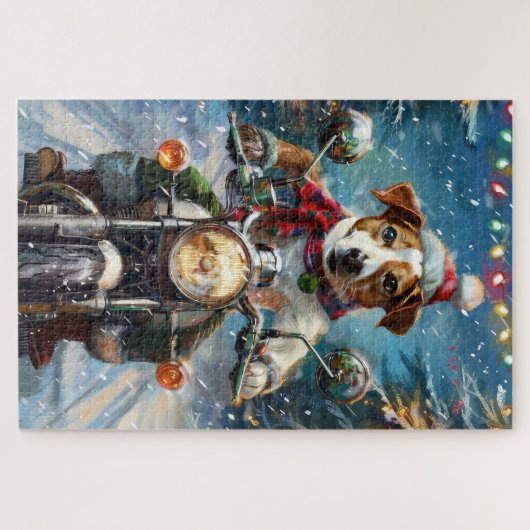 Jack Russell Hond Rijden Motorfiets Kerstmis Legpuzzel (Horizontaal)