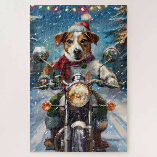 Jack Russell Hond Rijden Motorfiets Kerstmis Legpuzzel (Verticaal)