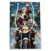 Jack Russell Hond Rijden Motorfiets Kerstmis Medium Cadeauzakje (Voorkant)