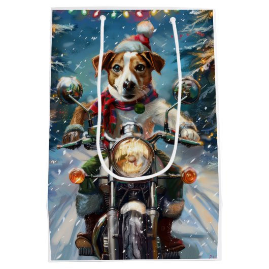 Jack Russell Hond Rijden Motorfiets Kerstmis Medium Cadeauzakje (Achterkant)
