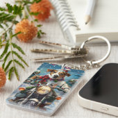 Jack Russell Hond Rijden Motorfiets Kerstmis Sleutelhanger (Voorkant Rechts)