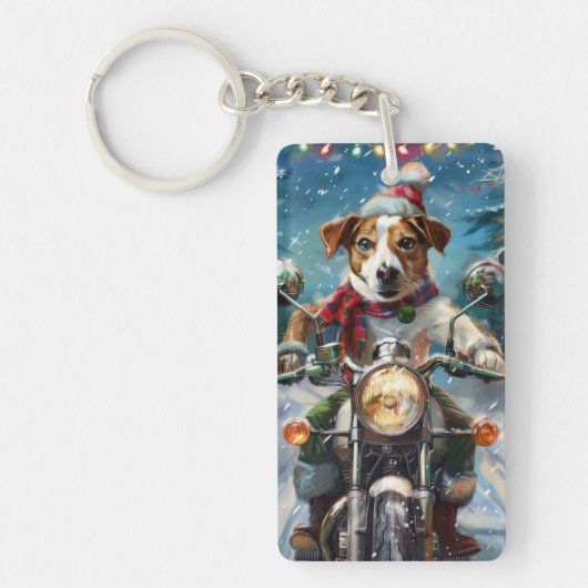 Jack Russell Hond Rijden Motorfiets Kerstmis Sleutelhanger (Voorkant)
