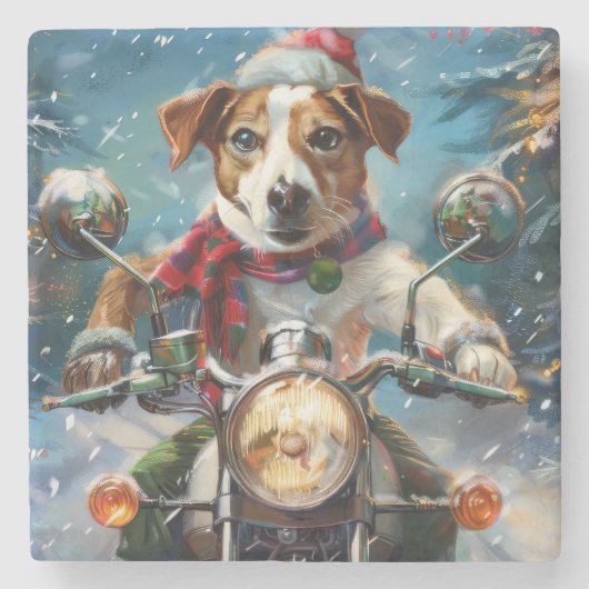 Jack Russell Hond Rijden Motorfiets Kerstmis Stenen Onderzetter (Voorkant)