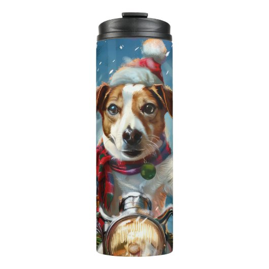 Jack Russell Hond Rijden Motorfiets Kerstmis Thermosbeker (Voorkant)