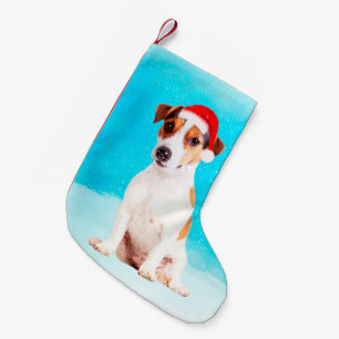 Jack russell Hond Zittend in de sneeuw met Santa H Kleine Kerstsok