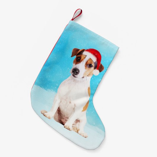 Jack russell Hond Zittend in de sneeuw met Santa H Kleine Kerstsok (Voorkant (Hangend))