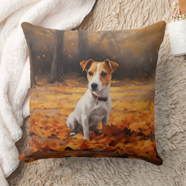 Jack Russell in de herfst laat Herfst inspireren Kussen (Deken)