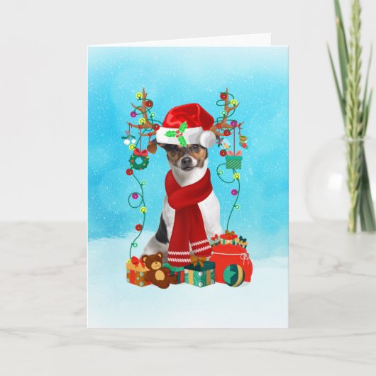 Jack Russell in de sneeuw met kerstcadeaus Kaart (Voorkant)