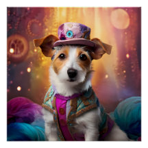 Jack Russell in kleurrijke kleding