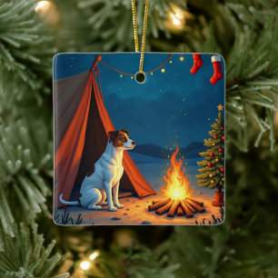 Jack Russell Kerst Camping Nacht Schilderij Keramisch Ornament