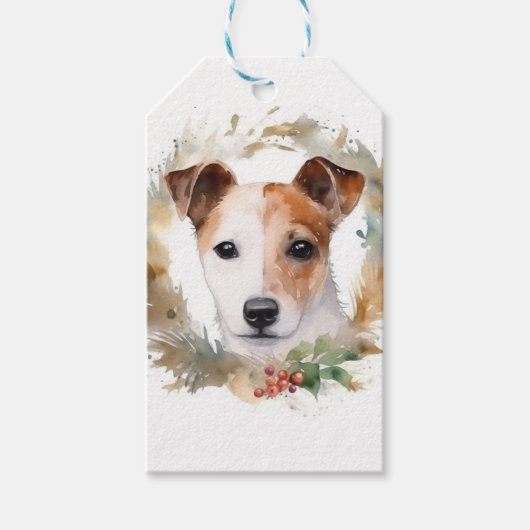 Jack Russell Kerstkrans feestelijke pup Cadeaulabel (Voorkant)