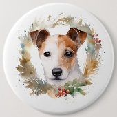 Jack Russell Kerstkrans feestelijke pup Ronde Button 6,0 Cm (Voorkant)