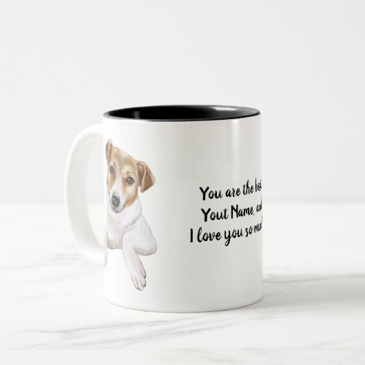 Jack Russell L Ik hou van je L Personaliseer, Tweekleurige Koffiemok (Voorkant links)