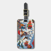 Jack Russell loopt in de sneeuw met kerstmuts Bagagelabel (Voorkant verticaal)