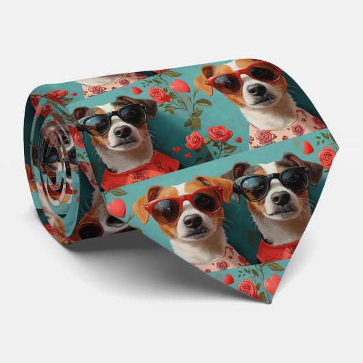 Jack Russell met Hartrozen Valentijnsdag Stropdas (Opgerold)