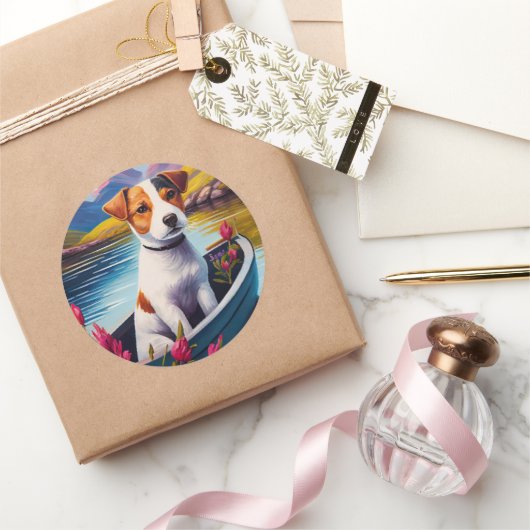 Jack Russell op een peddel: Een Schilderachtig avo Ronde Sticker (Geschenken)