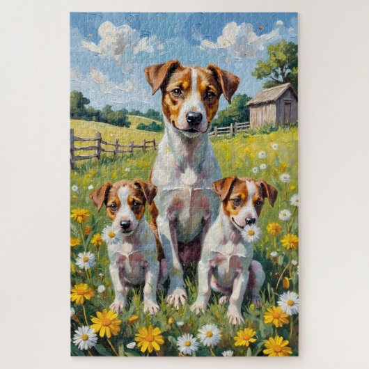 Jack Russell Paardenbloem Veld Kunst Legpuzzel (Verticaal)