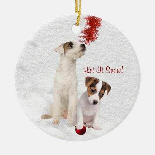 Jack Russell Puppies laten het sneeuwornament Keramisch Ornament (Voorkant)
