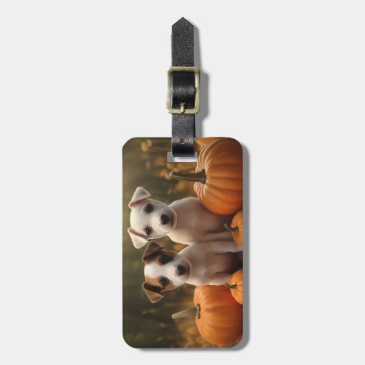 Jack Russell Puppy Herfst Delight Pompoen Bagagelabel (Voorkant verticaal)