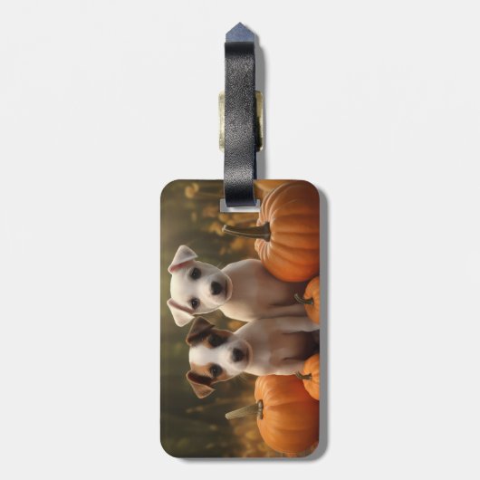 Jack Russell Puppy Herfst Delight Pompoen Bagagelabel (Achterkant verticaal)