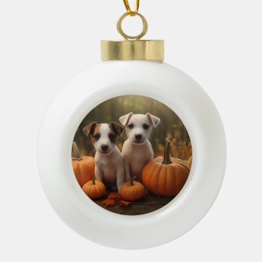 Jack Russell Puppy Herfst Delight Pompoen Keramische Bal Ornament (Voorkant)