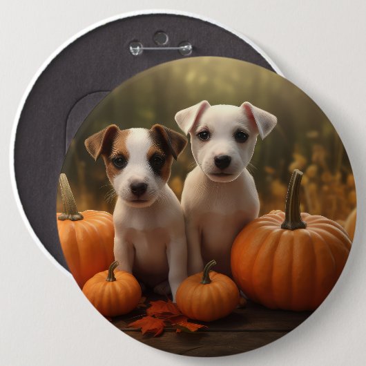 Jack Russell Puppy Herfst Delight Pompoen Ronde Button 6,0 Cm (Voorkant /achterkant)