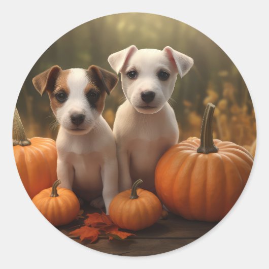 Jack Russell Puppy Herfst Delight Pompoen Ronde Sticker (Voorkant)