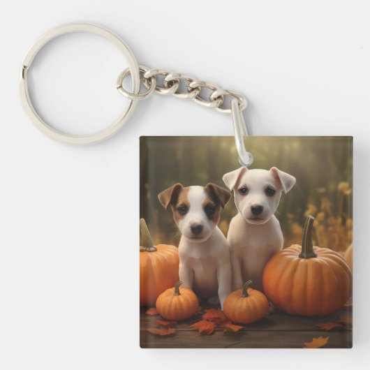 Jack Russell Puppy Herfst Delight Pompoen Sleutelhanger (Voorkant)