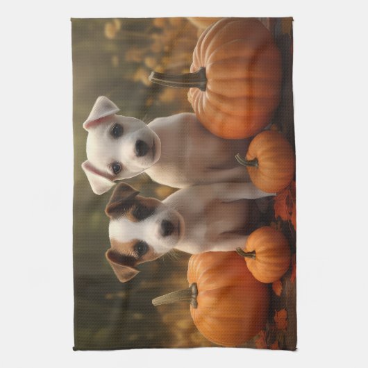 Jack Russell Puppy Herfst Delight Pompoen Theedoek (Verticaal)