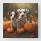 Jack Russell Puppy Herfst Delight Pompoen Vierkante Klok (Voorkant)