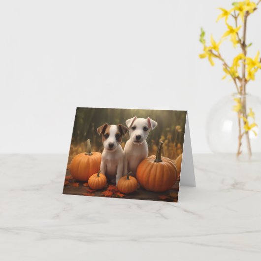 Jack Russell Puppy Herfst Plezier Pompoen  Kaart (Gele Bloem)