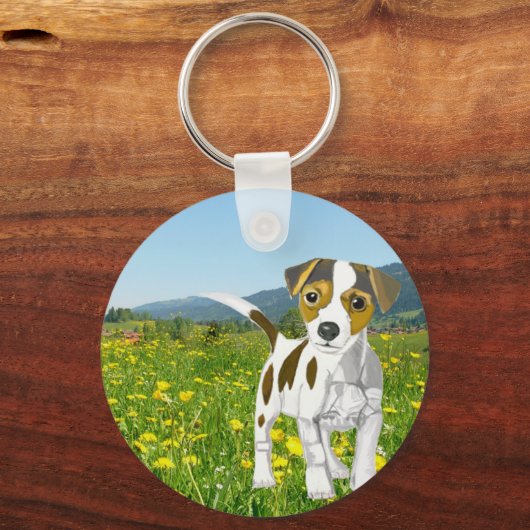 Jack Russell-puppy in een bloem Sleutelhanger (Achterkant)
