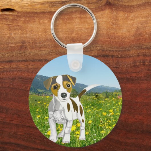 Jack Russell-puppy in een bloem Sleutelhanger (Voorkant)