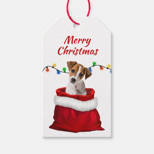 Jack Russell Puppy in Santa Bag Cadeaulabel (Voorkant)