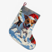 Jack Russell rent in de sneeuw met kerst Pet Grote Kerstsok (Voorkant (Hangend))