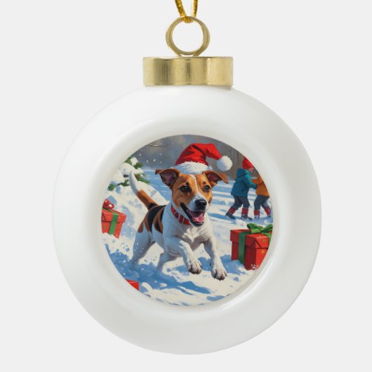 Jack Russell rent in de sneeuw met kerst Pet Keramische Bal Ornament (Voorkant)