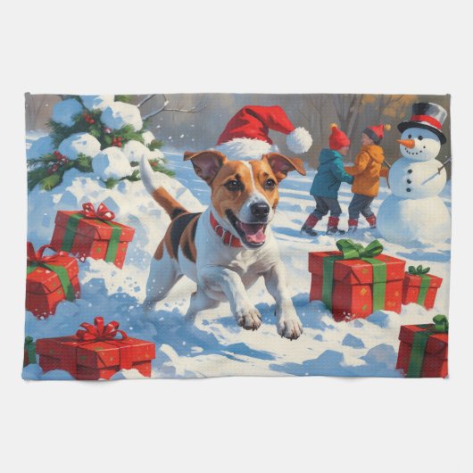 Jack Russell rent in de sneeuw met kerst Pet Theedoek (Horizontaal)