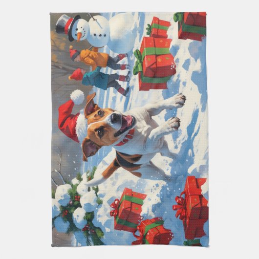 Jack Russell rent in de sneeuw met kerst Pet Theedoek (Verticaal)