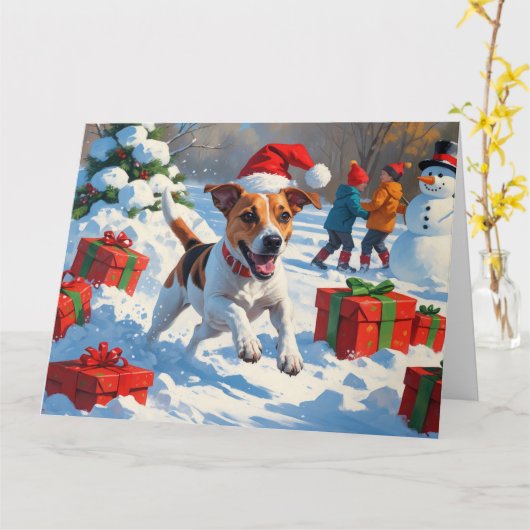 Jack Russell Rent in de Sneeuw met Kerstmuts Kaart (Gele Bloem)